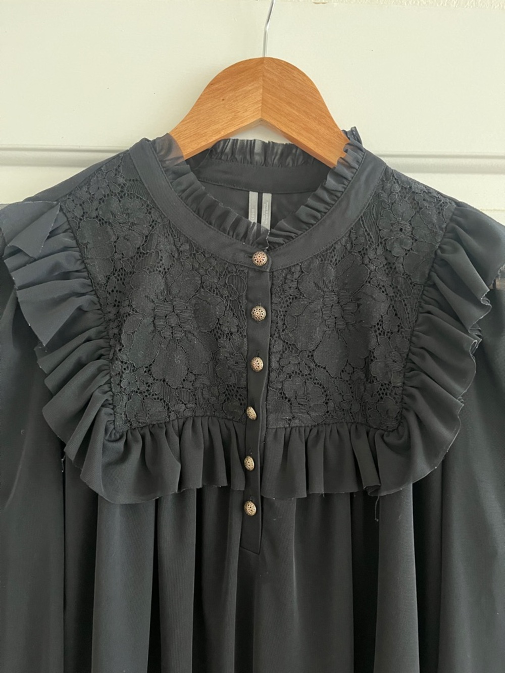 Anthropologie Black Ruffled Lace Yoke Long Sheer Sleeves Blouse Romantic Western